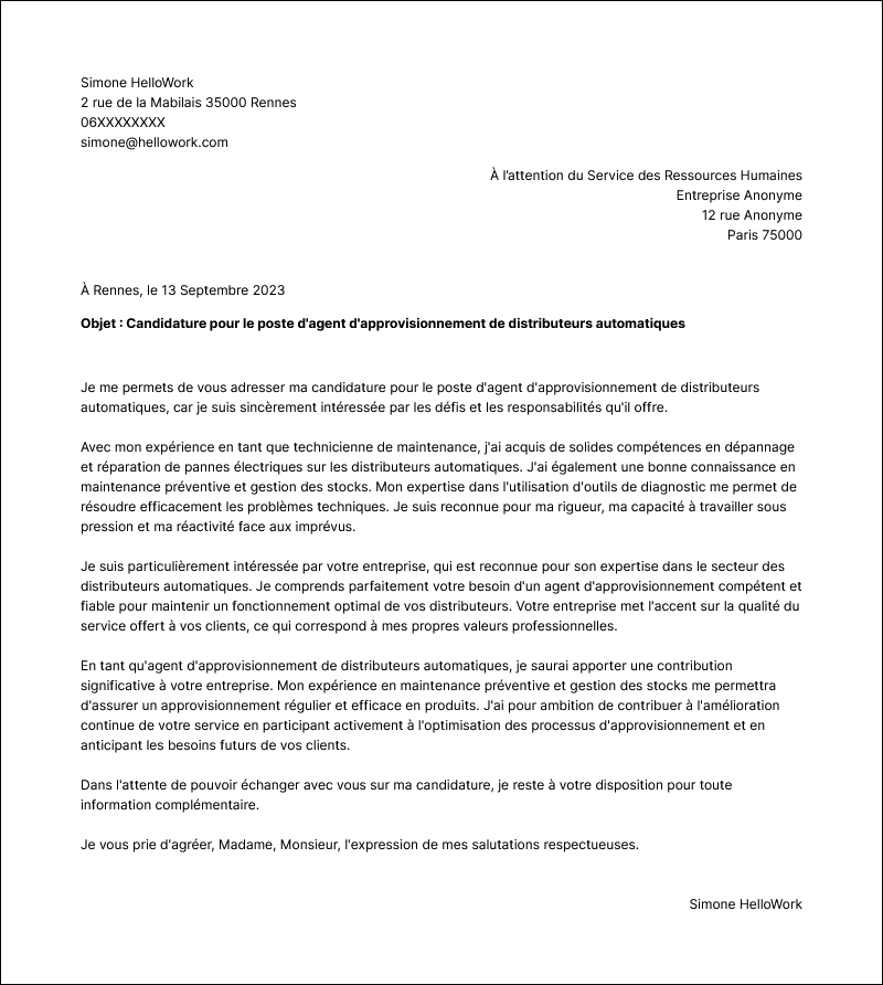 Modèle lettre de motivation Agent d'approvisionnement de distributeurs automatiques Exemple lettre de motivation Agent d'approvisionnement de distributeurs automatiques