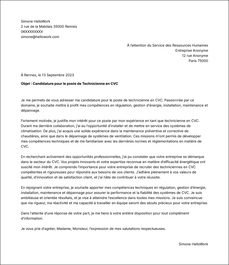Modèle lettre de motivation Technicien CVC Exemple lettre de motivation Technicien CVC