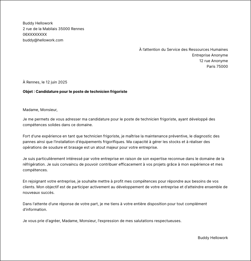 Modèle lettre de motivation Technicien frigoriste Exemple lettre de motivation Technicien frigoriste