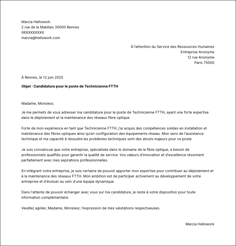 Exemple lettre de motivation Technicien FTTH
