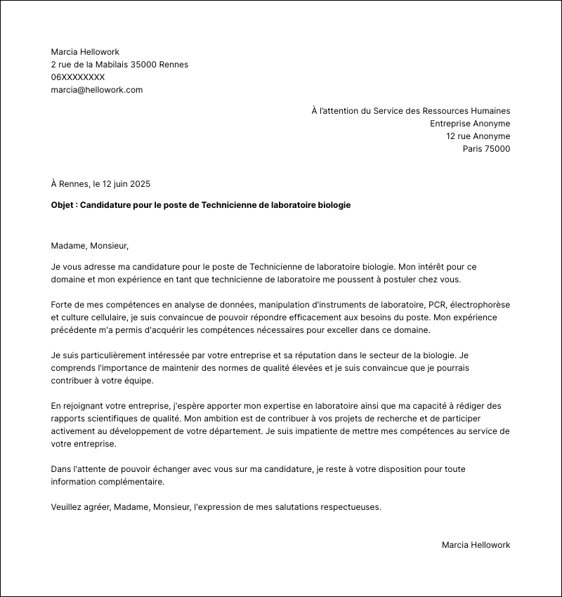 Exemple lettre de motivation Technicien de laboratoire biologie