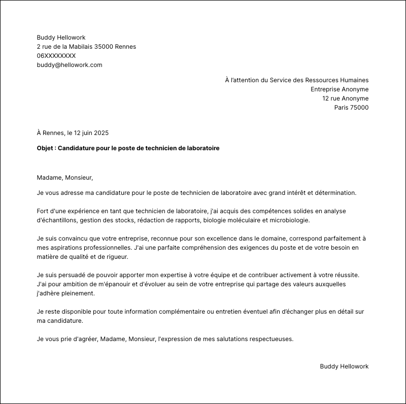 Modèle lettre de motivation Technicien de laboratoire Exemple lettre de motivation Technicien de laboratoire