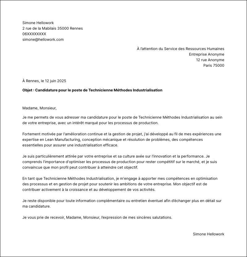 Modèle lettre de motivation Technicien méthodes industrialisation Exemple lettre de motivation Technicien méthodes industrialisation