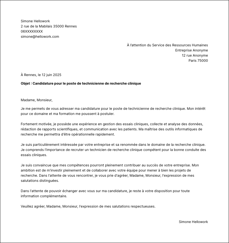 Modèle lettre de motivation Technicien de recherche clinique Exemple lettre de motivation Technicien de recherche clinique