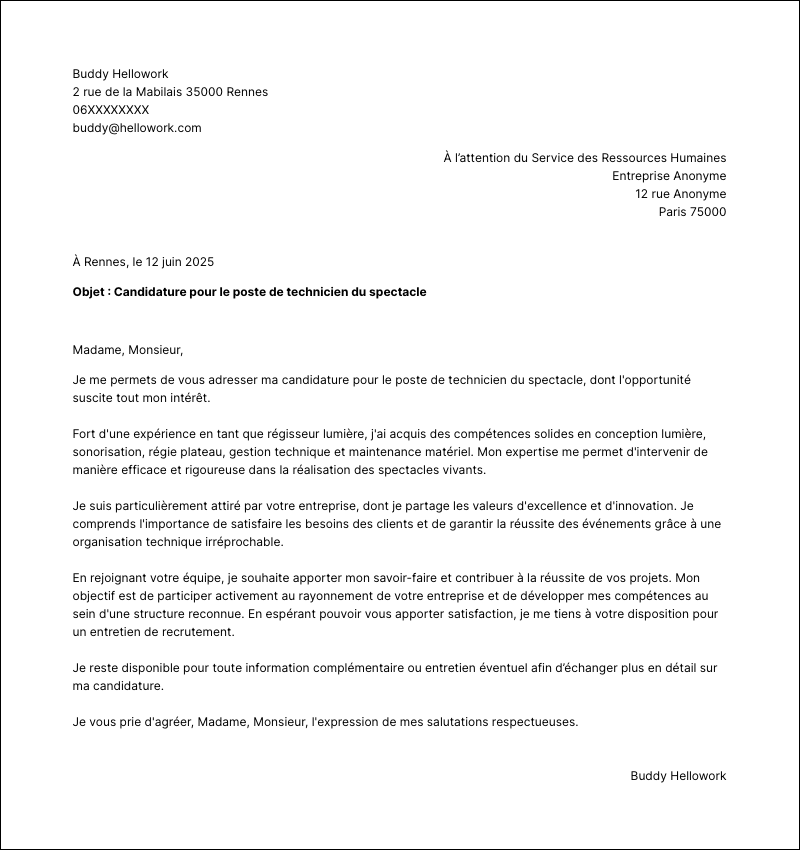 Modèle lettre de motivation Technicien du spectacle Exemple lettre de motivation Technicien du spectacle
