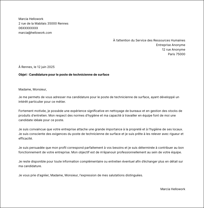 Modèle lettre de motivation Technicien de surface Exemple lettre de motivation Technicien de surface