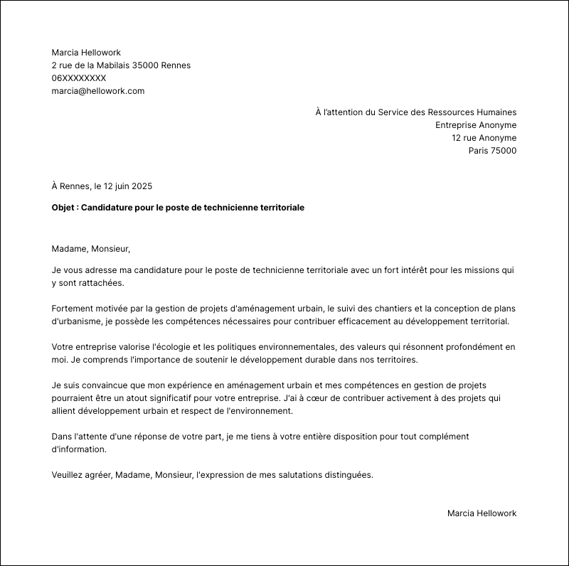 Modèle lettre de motivation Technicien territorial Exemple lettre de motivation Technicien territorial