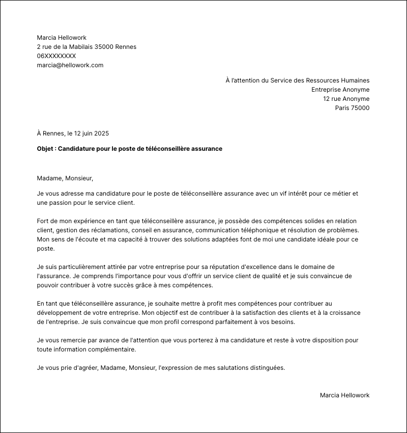 Modèle lettre de motivation Téléconseiller assurance Exemple lettre de motivation Téléconseiller assurance
