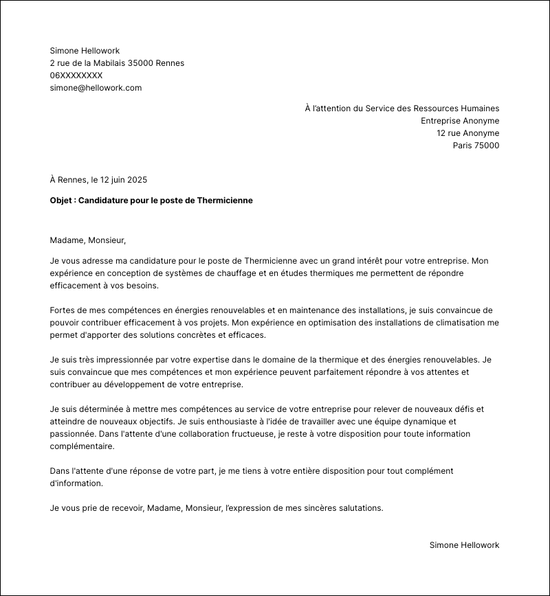 Modèle lettre de motivation Thermicien Exemple lettre de motivation Thermicien