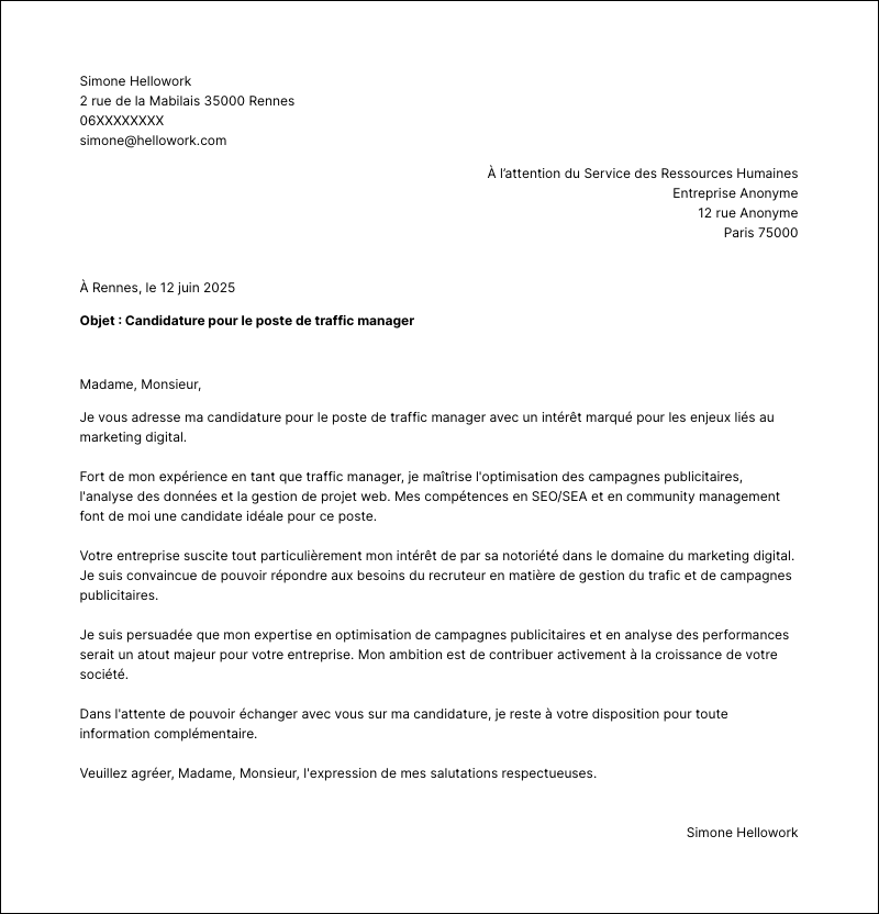 Modèle lettre de motivation Traffic manager Exemple lettre de motivation Traffic manager