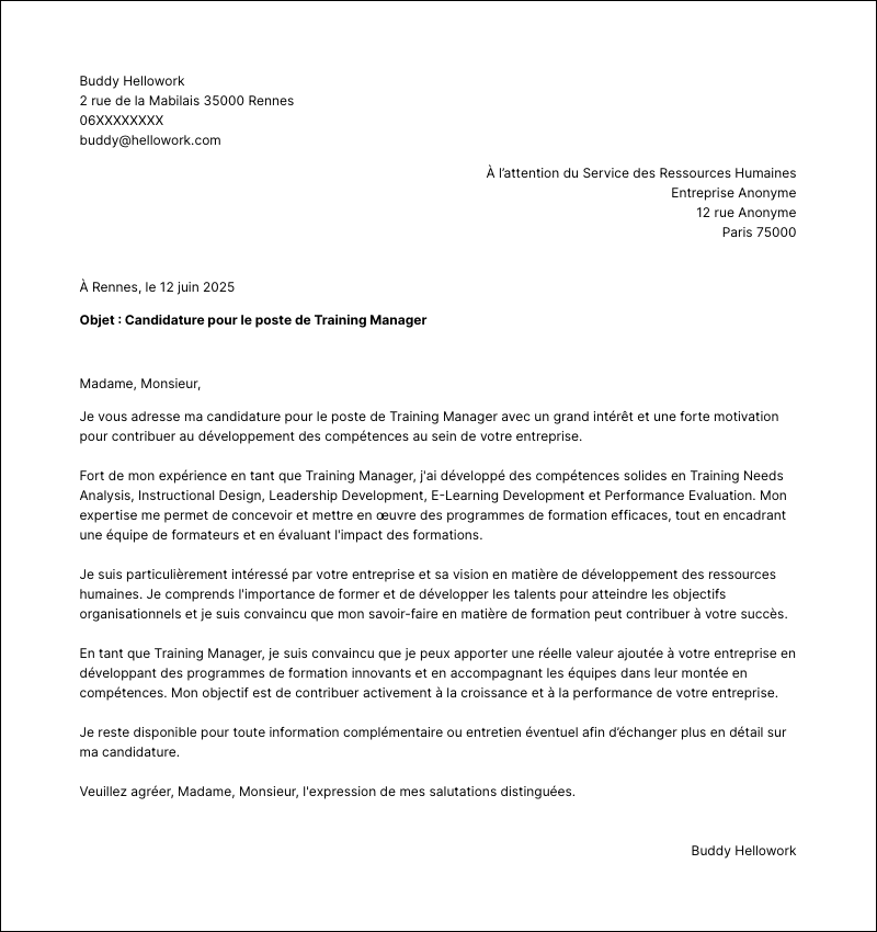 Modèle lettre de motivation Training manager Exemple lettre de motivation Training manager
