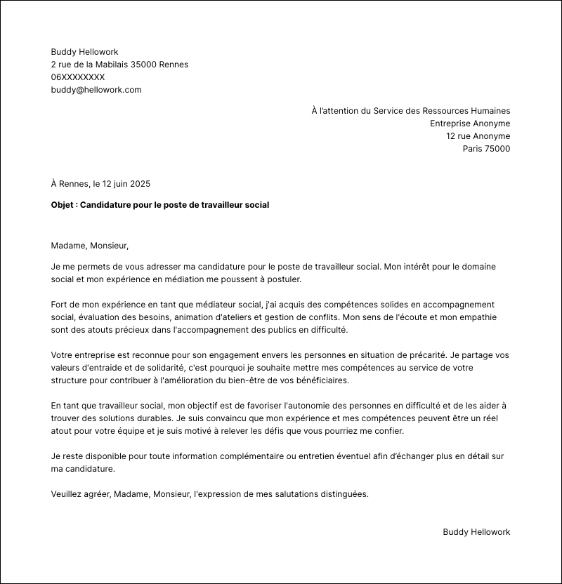 Modèle lettre de motivation Travailleur social Exemple lettre de motivation Travailleur social
