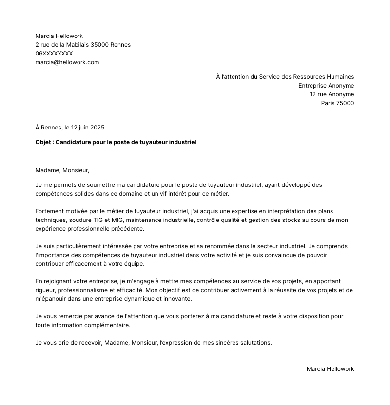 Modèle lettre de motivation Tuyauteur industriel Exemple lettre de motivation Tuyauteur industriel