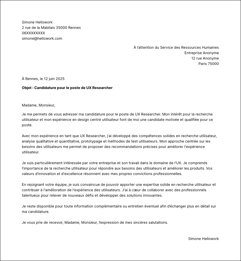 Exemple lettre de motivation UX researcher