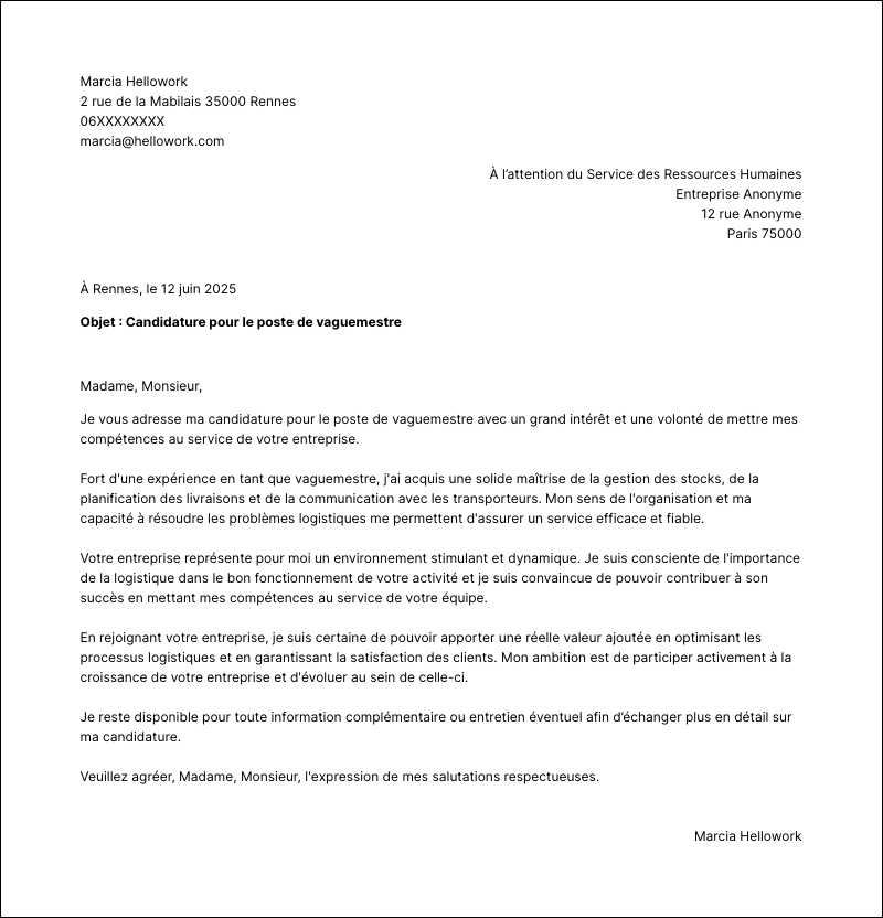Modèle lettre de motivation Vaguemestre Exemple lettre de motivation Vaguemestre