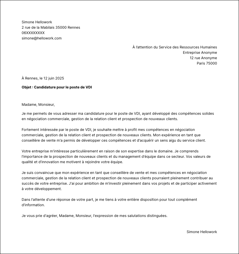Modèle lettre de motivation VDI Exemple lettre de motivation VDI