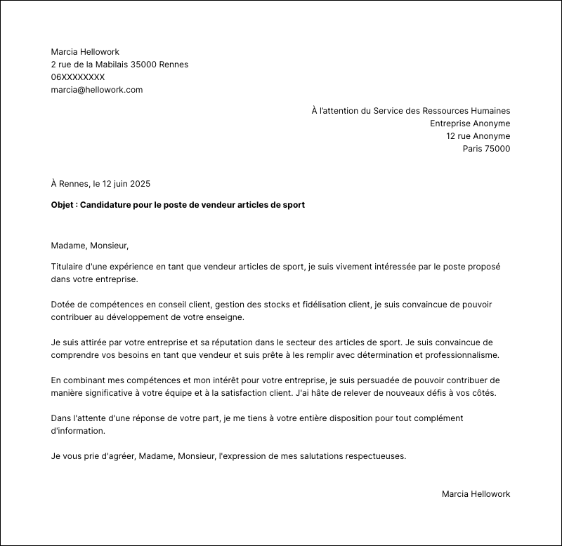 Exemple lettre de motivation Vendeur articles de sport