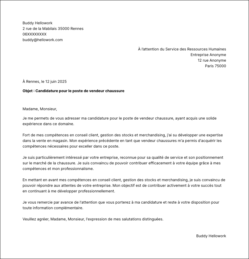 Modèle lettre de motivation Vendeur chaussure Exemple lettre de motivation Vendeur chaussure