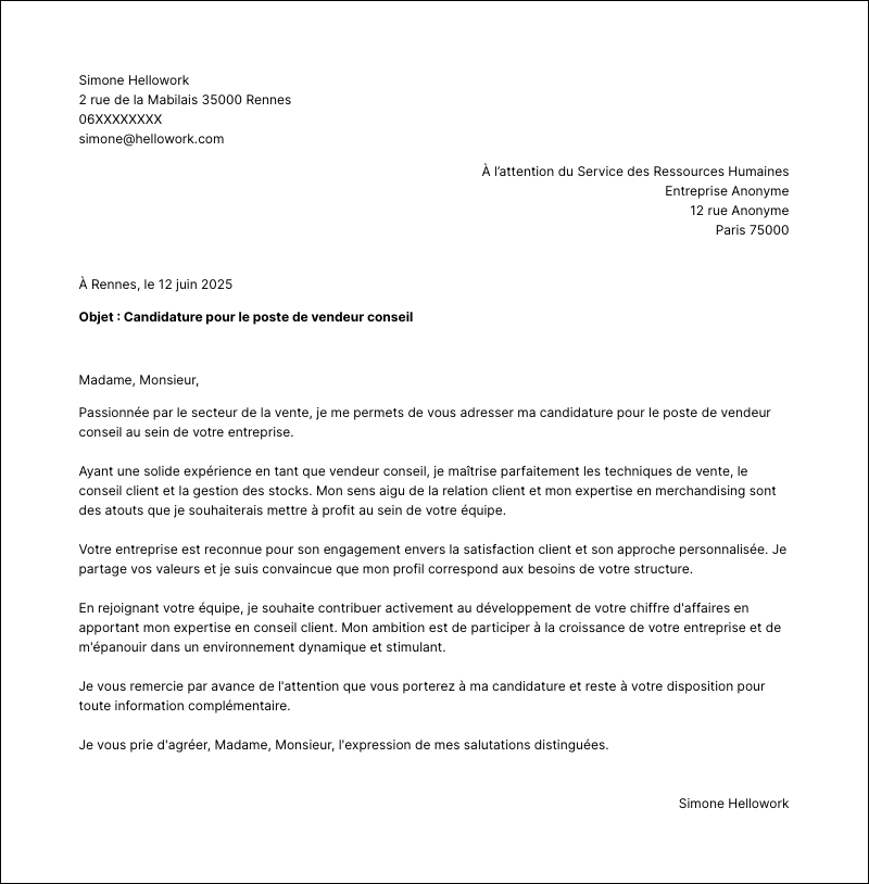Modèle lettre de motivation Vendeur conseil Exemple lettre de motivation Vendeur conseil
