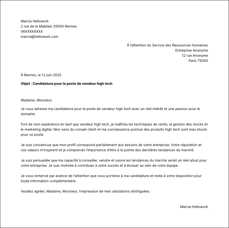Modèle lettre de motivation Vendeur high tech Exemple lettre de motivation Vendeur high tech