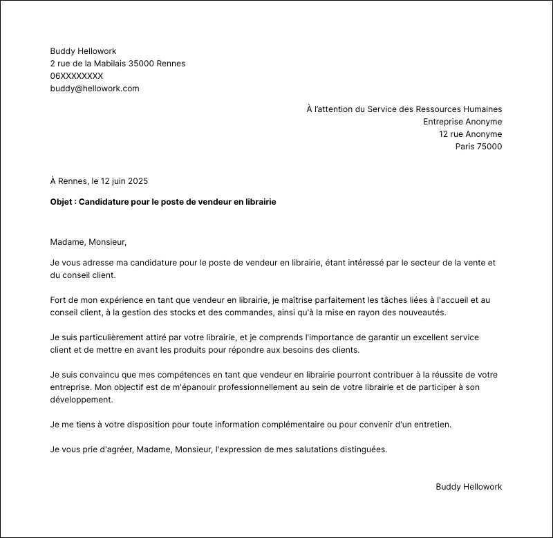 Modèle lettre de motivation Vendeur en librairie Exemple lettre de motivation Vendeur en librairie