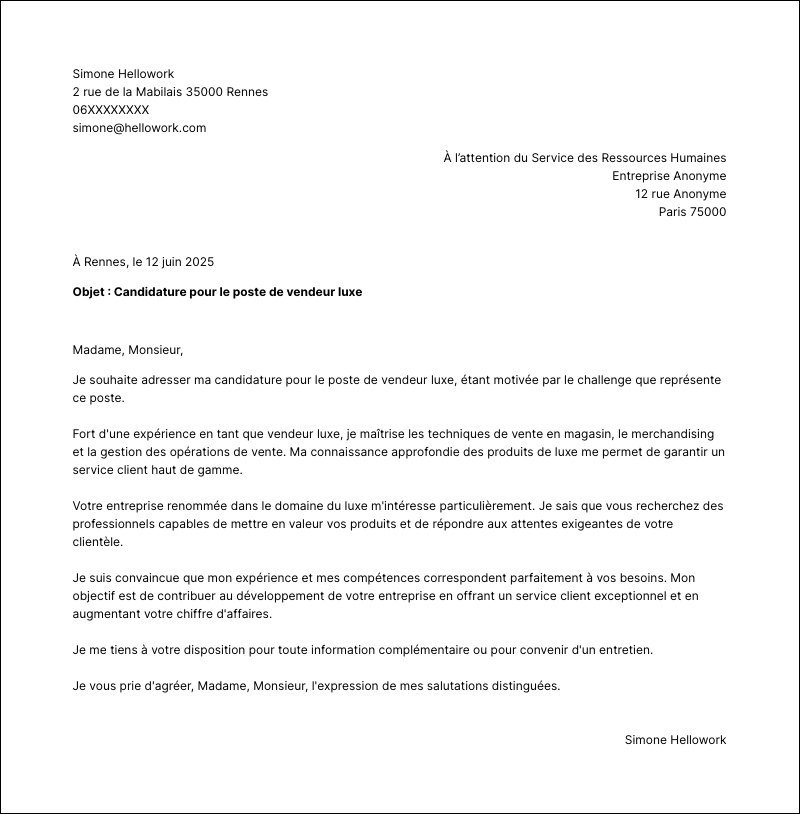 Modèle lettre de motivation Vendeur luxe Exemple lettre de motivation Vendeur luxe