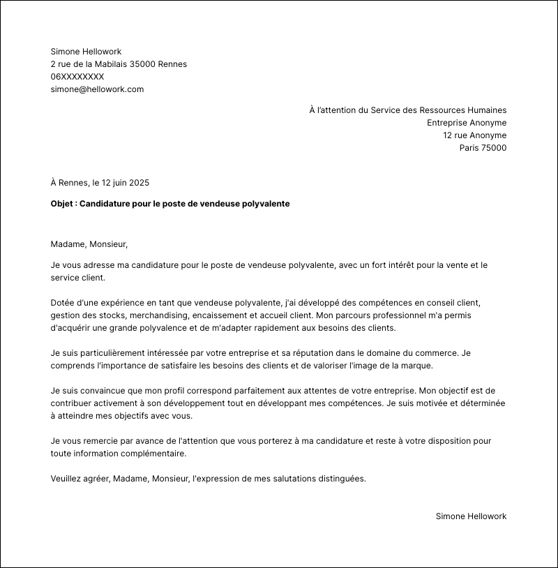 Modèle lettre de motivation Vendeur polyvalent Exemple lettre de motivation Vendeur polyvalent