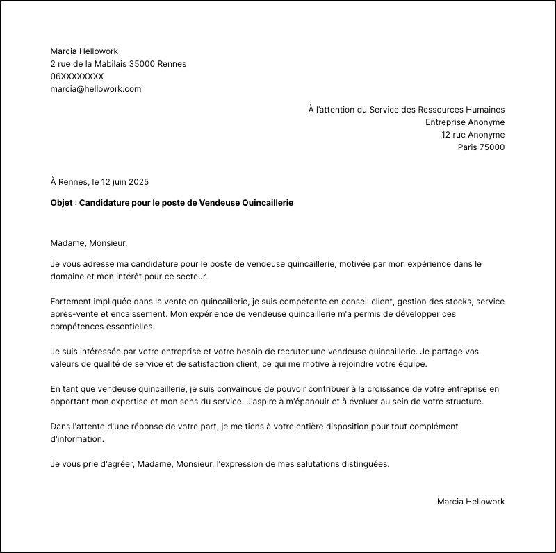 Exemple lettre de motivation Vendeur quincaillerie