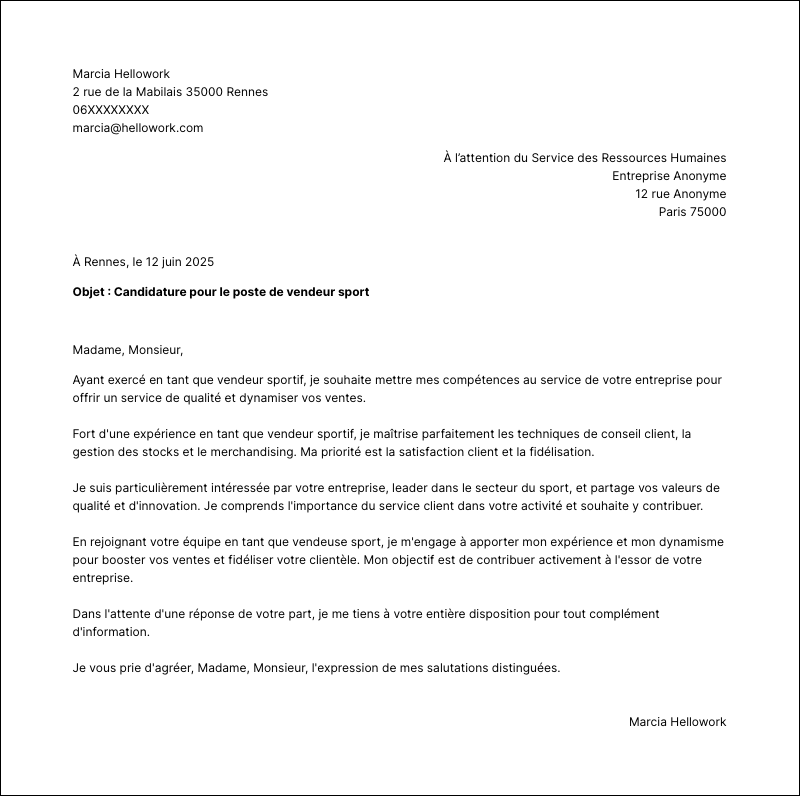 Modèle lettre de motivation Vendeur sport Exemple lettre de motivation Vendeur sport
