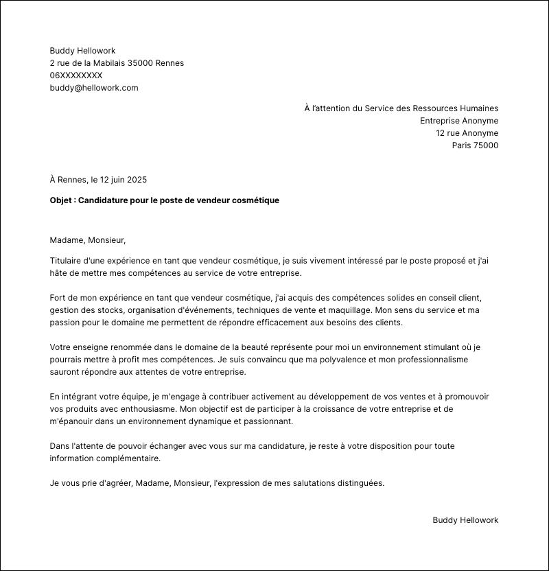 Modèle lettre de motivation Vendeuse cosmétique Exemple lettre de motivation Vendeuse cosmétique