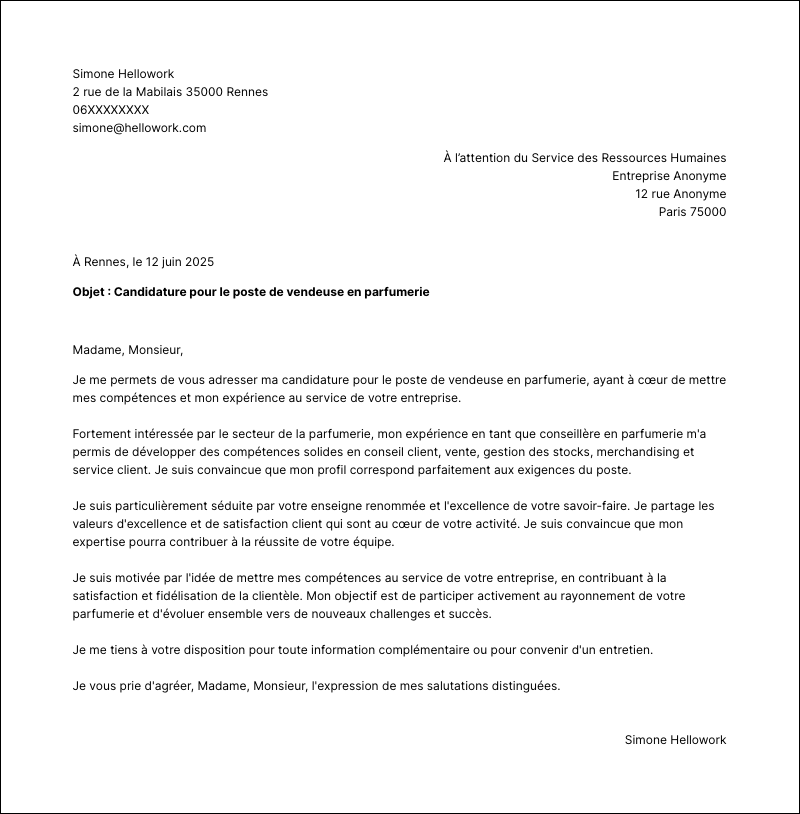 Modèle lettre de motivation Vendeuse en parfumerie Exemple lettre de motivation Vendeuse en parfumerie