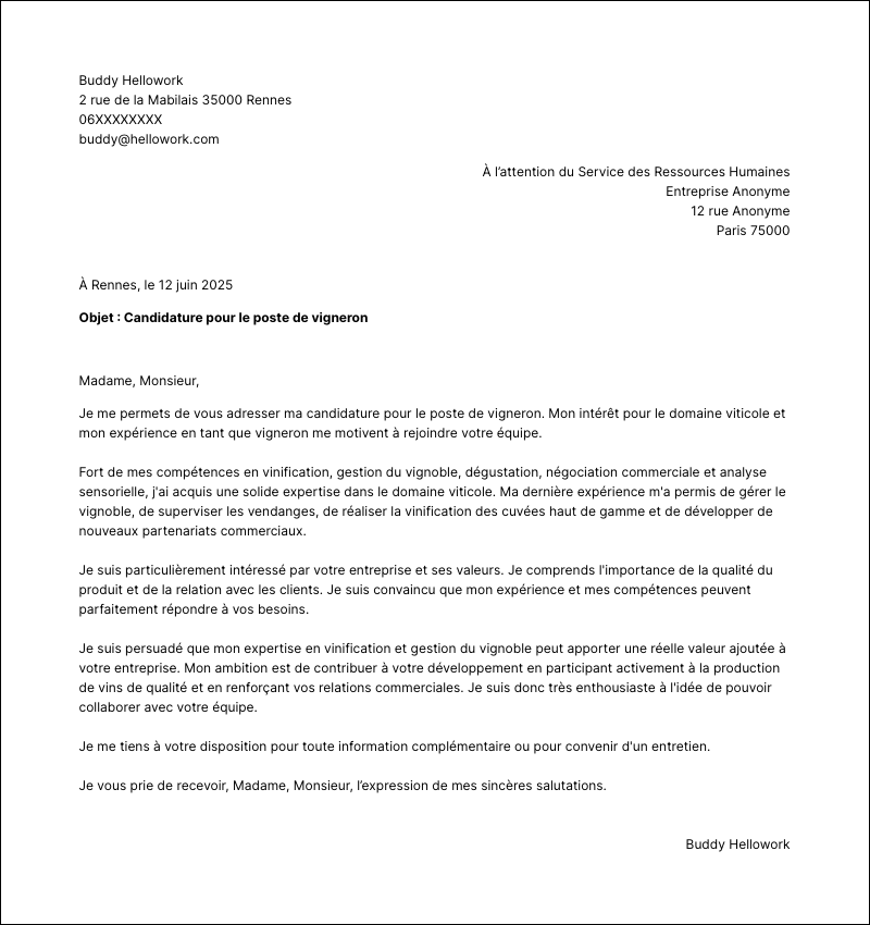 Modèle lettre de motivation Vigneron Exemple lettre de motivation Vigneron
