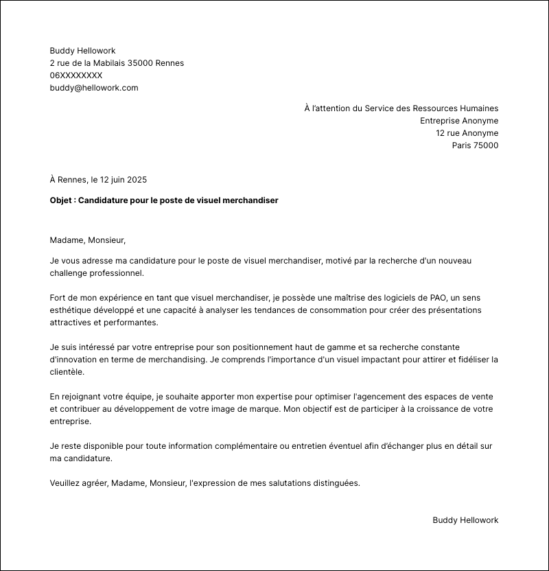 Modèle lettre de motivation Visuel merchandiser Exemple lettre de motivation Visuel merchandiser