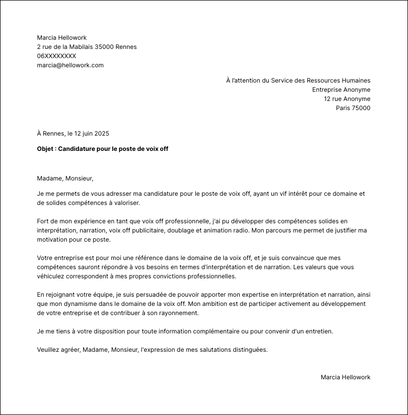 Modèle lettre de motivation Voix off Exemple lettre de motivation Voix off