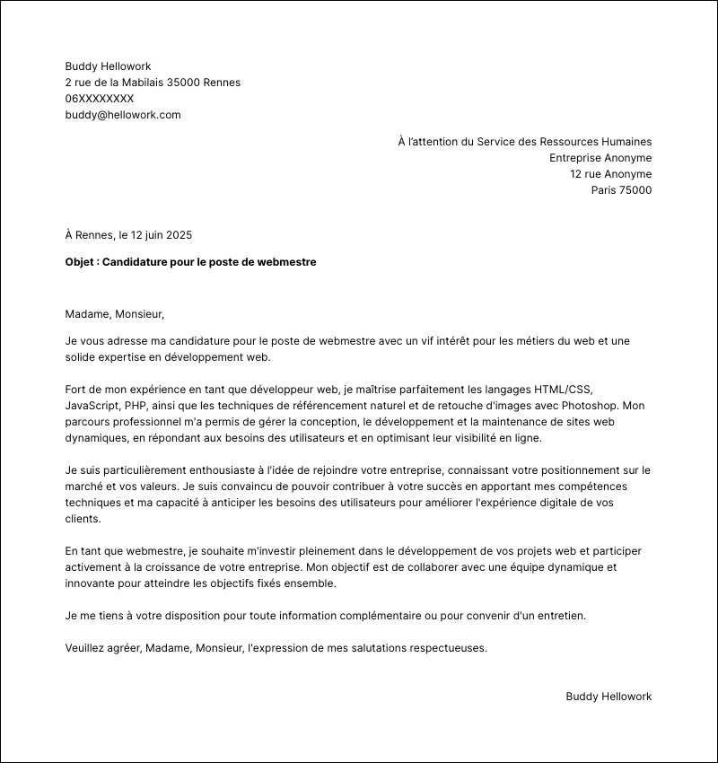 Exemple lettre de motivation Webmestre