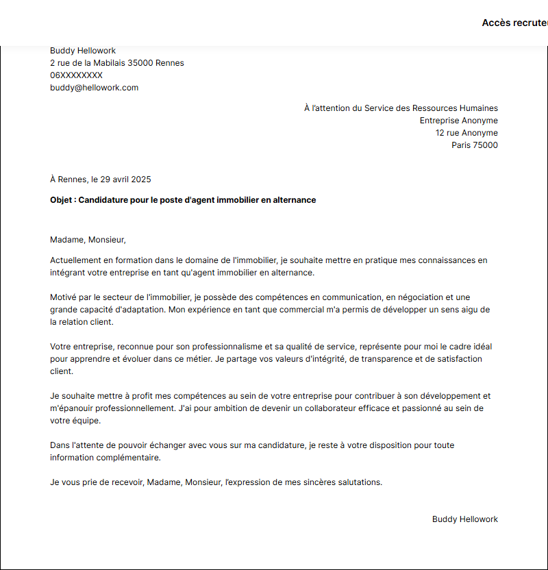 Modèle lettre de motivation Agent immobilier en alternance Exemple lettre de motivation Agent immobilier en alternance