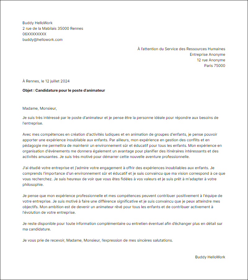 Modèle lettre de motivation en tant que Animateur Exemple lettre de motivation en tant que Animateur