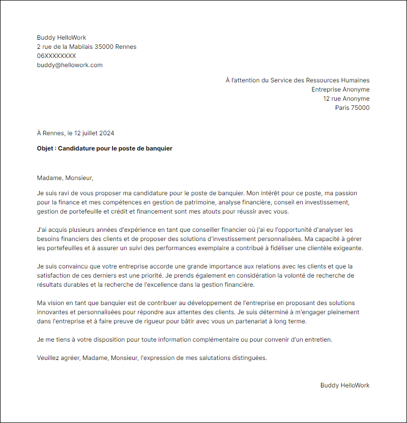 Modèle lettre de motivation en tant que Banquier Exemple lettre de motivation en tant que Banquier