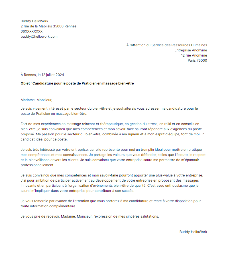 Modèle lettre de motivation pour le secteur Bien être Exemple lettre de motivation pour le secteur Bien être