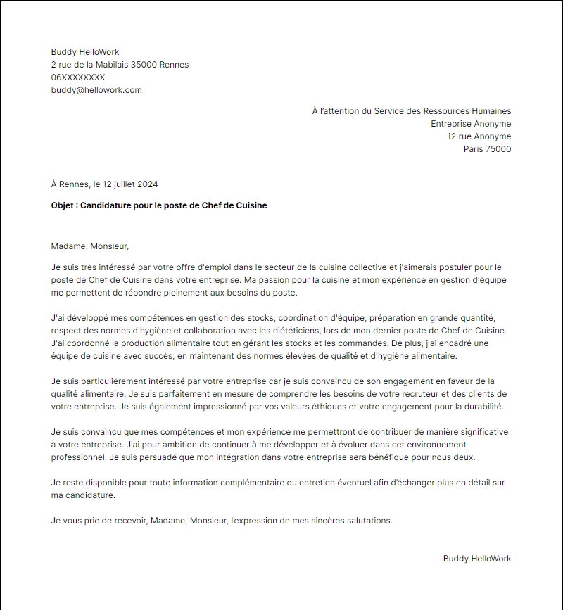 Modèle lettre de motivation pour le secteur Cuisine collective Exemple lettre de motivation pour le secteur Cuisine collective