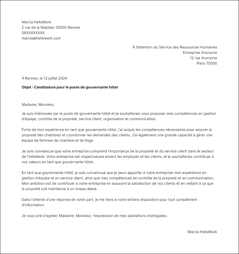 Modèle lettre de motivation en tant que Gouvernante Hotel Exemple lettre de motivation en tant que Gouvernante Hotel