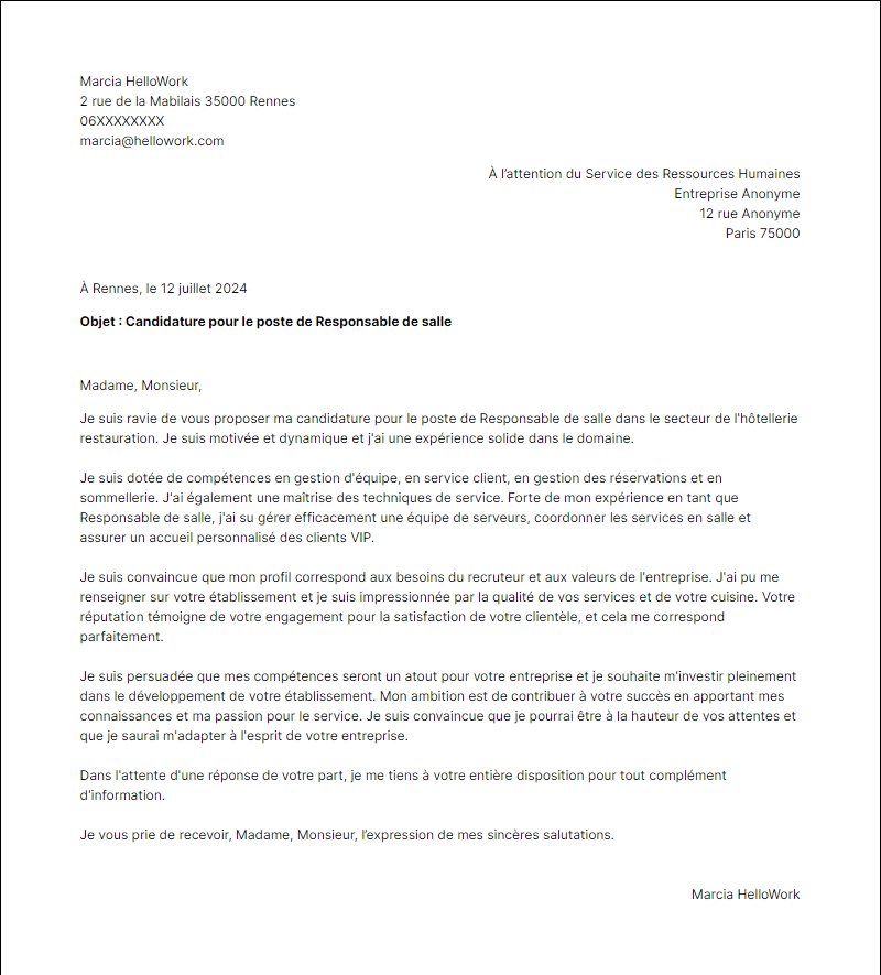 Modèle lettre de motivation pour le secteur Hôtellerie restauration Exemple lettre de motivation pour le secteur Hôtellerie restauration