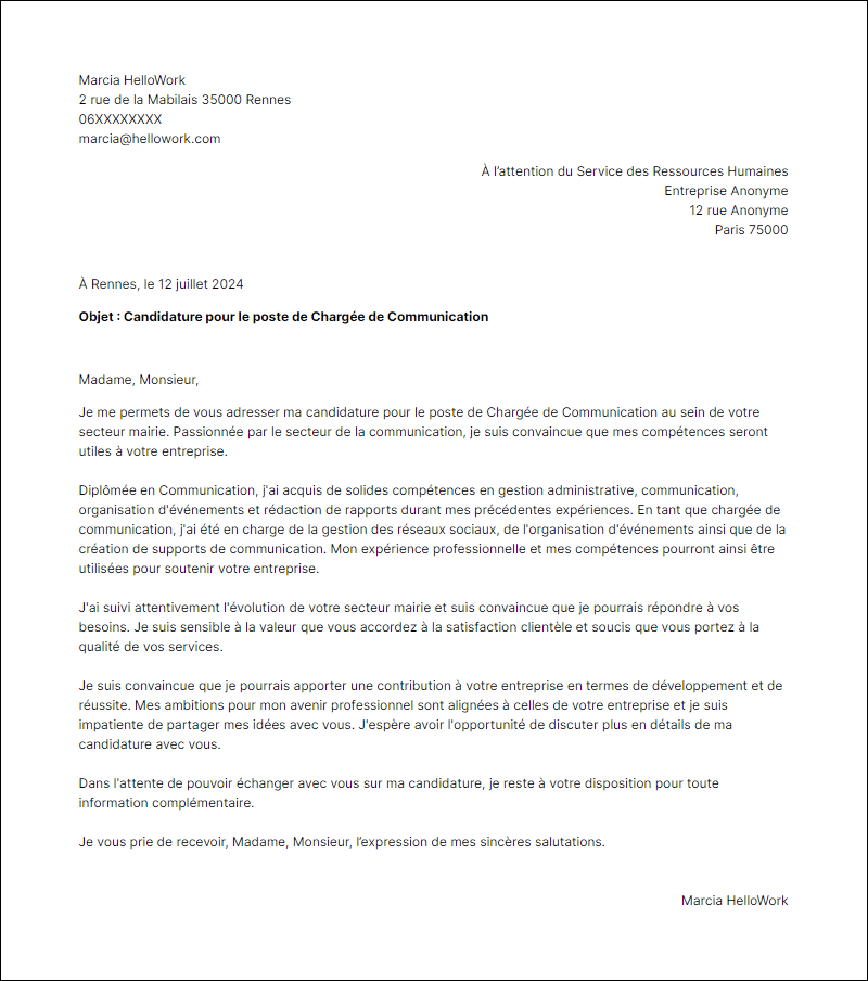 Modèle lettre de motivation pour le secteur Mairie Exemple lettre de motivation pour le secteur Mairie