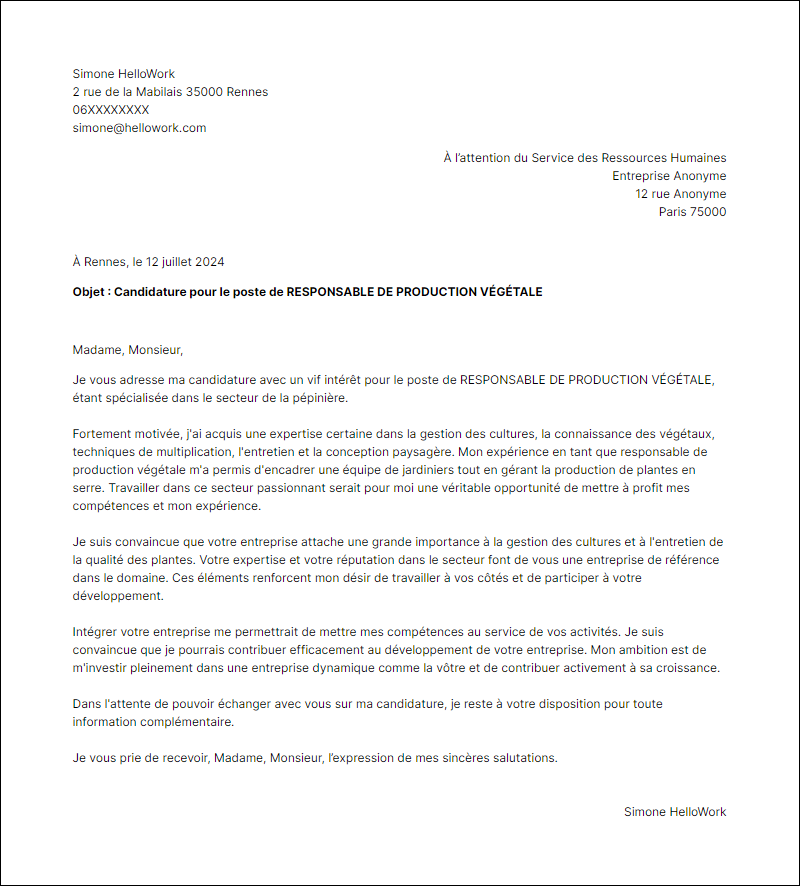 Modèle lettre de motivation pour le secteur Pépinière Exemple lettre de motivation pour le secteur Pépinière