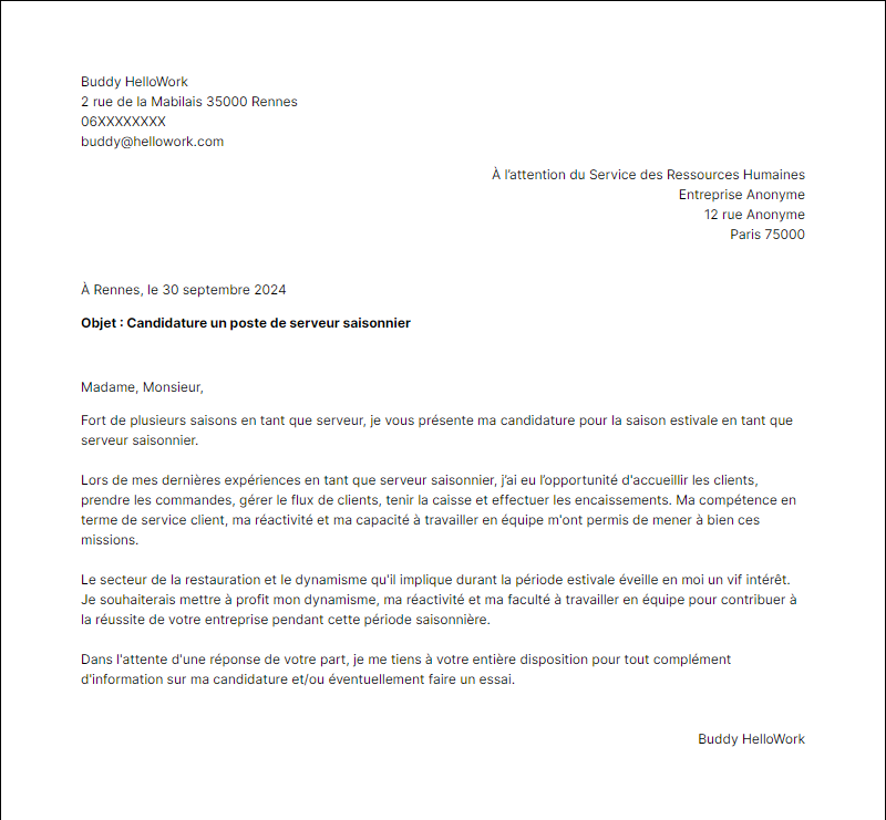 Modèle lettre de motivation Saisonnier Exemple lettre de motivation Saisonnier