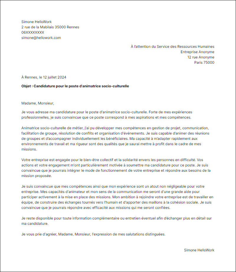 Modèle lettre de motivation pour le secteur Service civique Exemple lettre de motivation pour le secteur Service civique