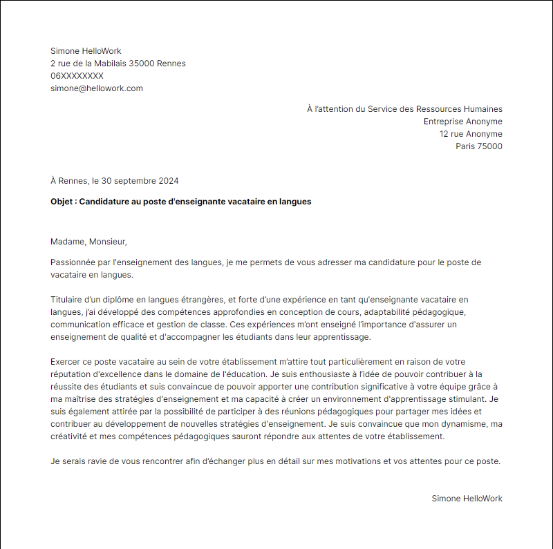 Modèle lettre de motivation Vacataire Exemple lettre de motivation Vacataire