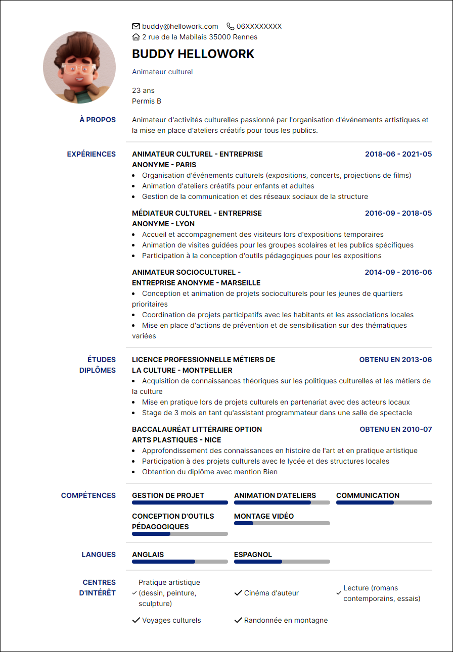 Exemple CV Animateur d'activités culturelles