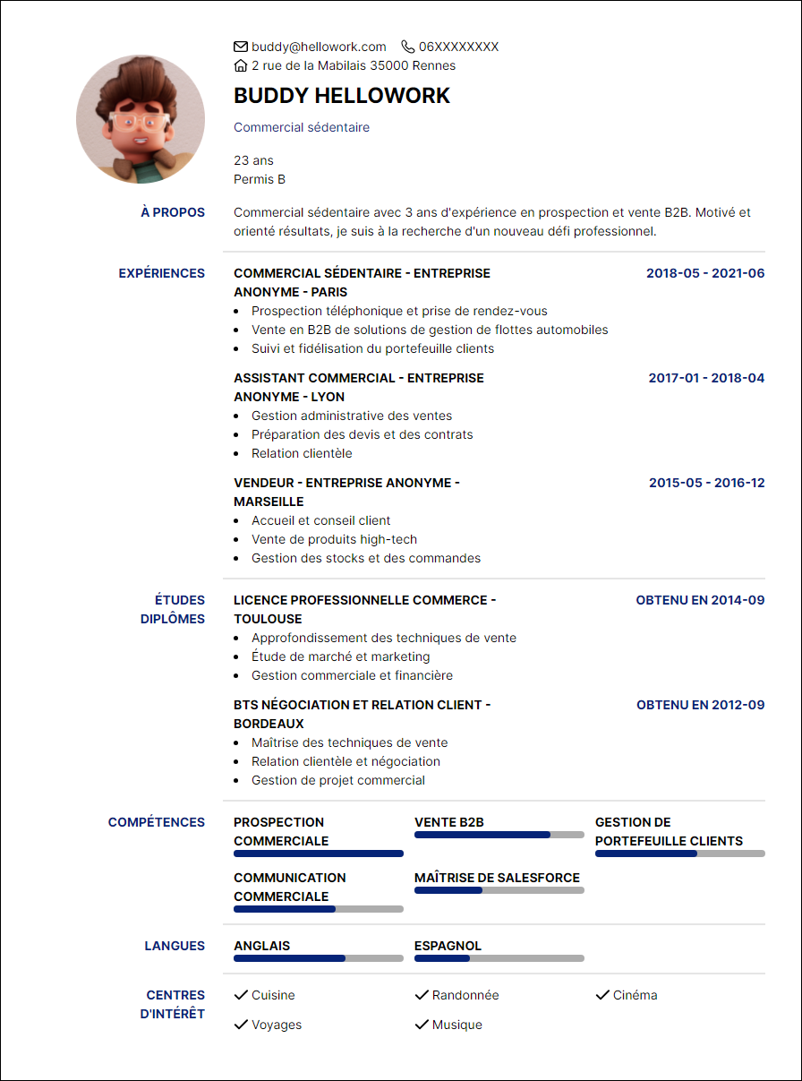 Modèle CV Commercial sédentaire Exemple CV Commercial sédentaire