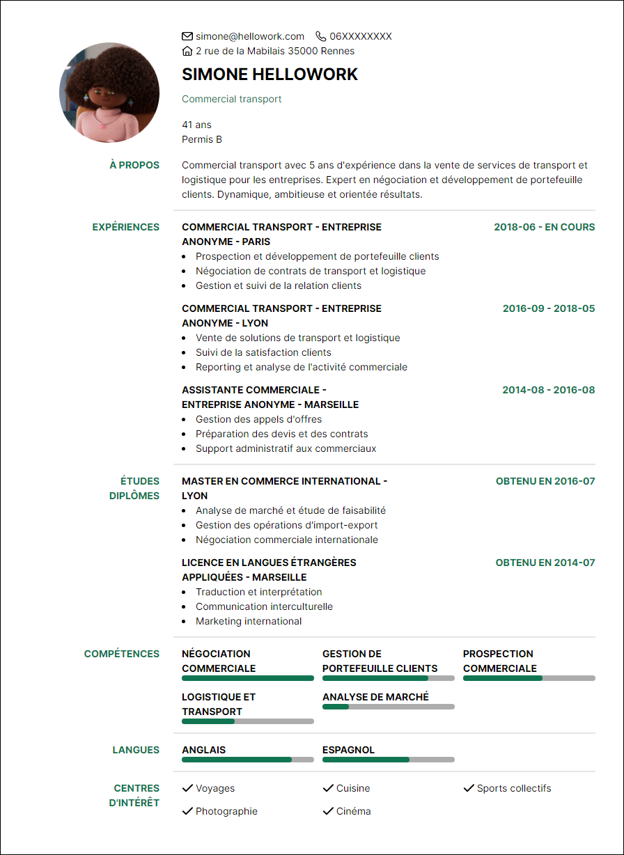 Exemple CV Commercial transport